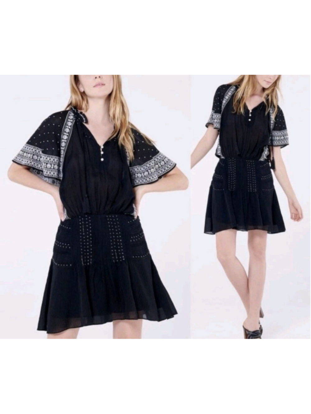 Veronica Beard Black Embroidered Silk Blend Boho Dress Size 4 - Picture 12 of 12